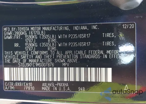 2021 Toyota Sienna Xle из США, поврежденный, VIN 5TDJSKFC1MS007876